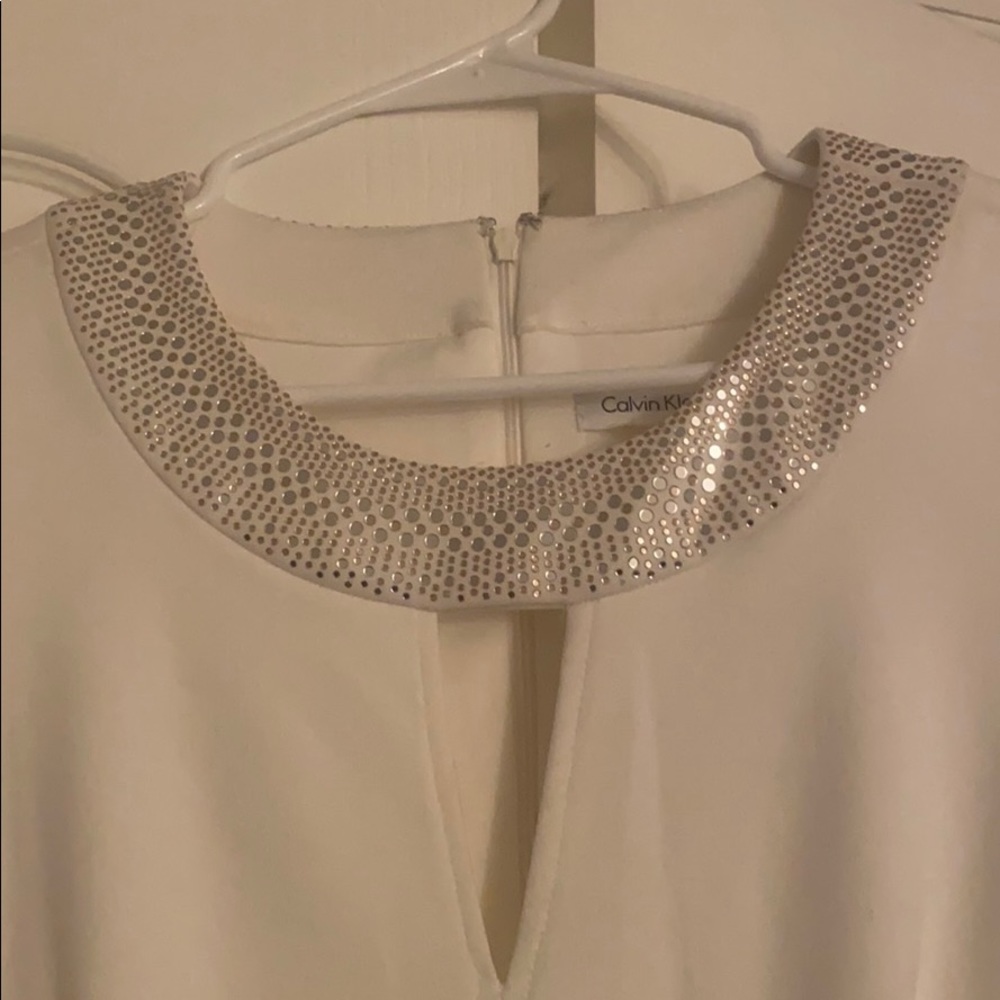 Calvin Klein Embellished Neckline White Dress S8